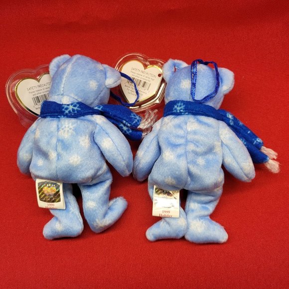 1999 Holiday Teddy The Blue Bear Ty Jingle Beanies Plush Ornament Set of 2 - Picture 4 of 13